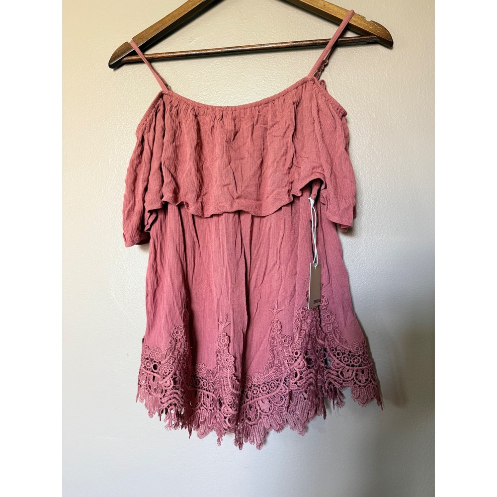 NWT Active USA Medium Mauve Pink Cold Shoulder Top Lace Trim Rayon Boho Blouse